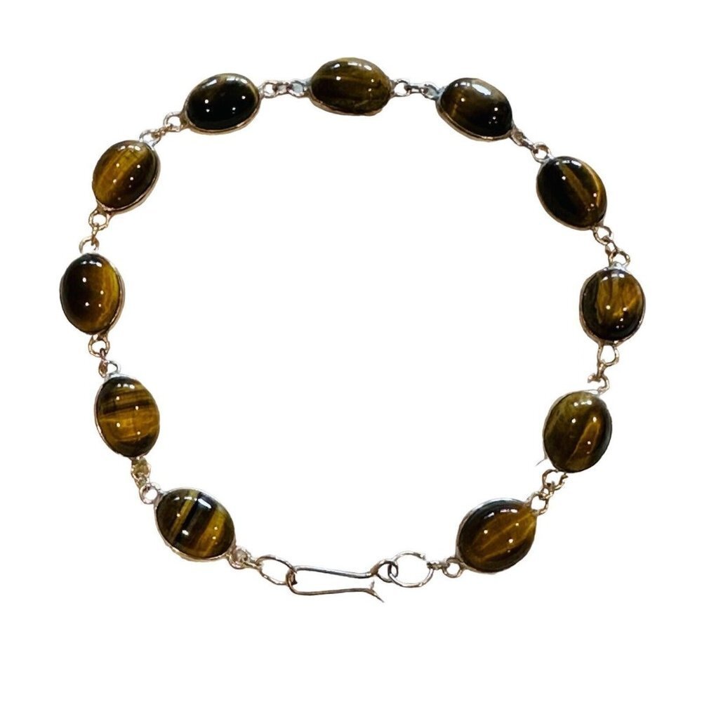 Artisan Crafted Tigers Eye Quartz Bracelet 7.5 Inch Silver‎ Oval Shape Gemstone